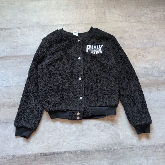 Victoria's Secret PINK Sherpa Jacket Las Vegas Black Size S Snap Up W/ Pockets - Picture 1 of 7